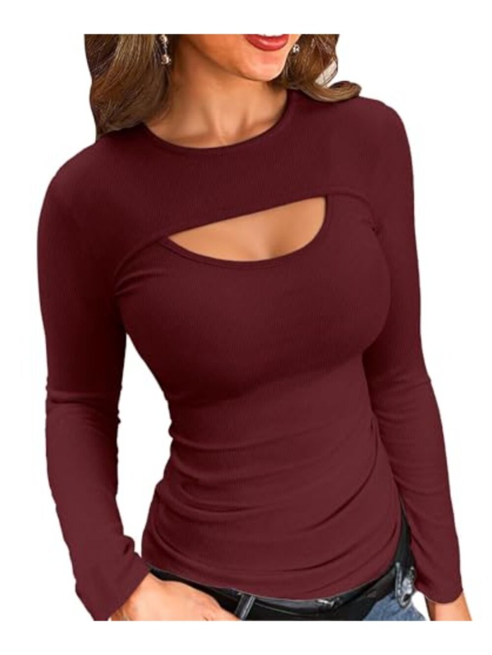Ribbed Knit Slim Fit Long Sleeve Cutout Top Crew Neck Pullover Women